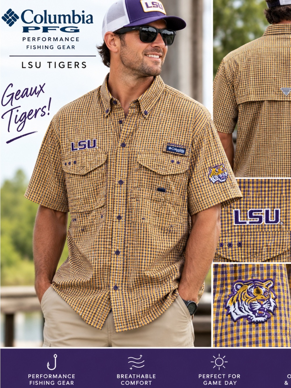 Columbia Short-Sleeve Button-Down Shirt in Gold and Purple Plaid